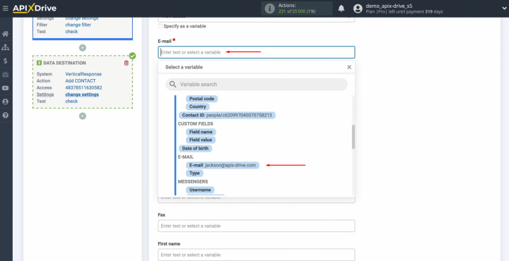 Google Contacts and VerticalResponse integration | Assign variables from Google Contacts to fields