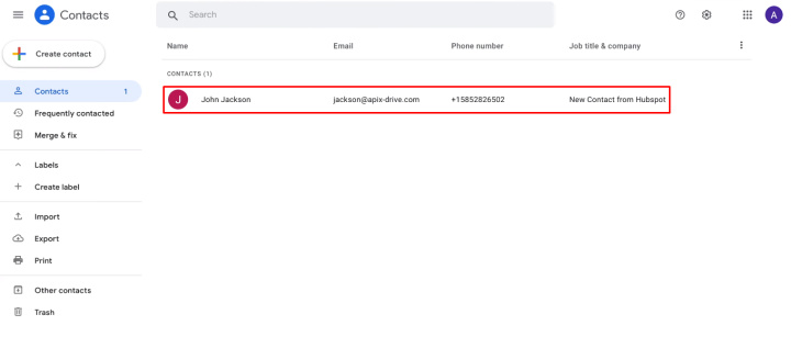 HubSpot and Google Contacts integration | A new test contact in Google Contacts