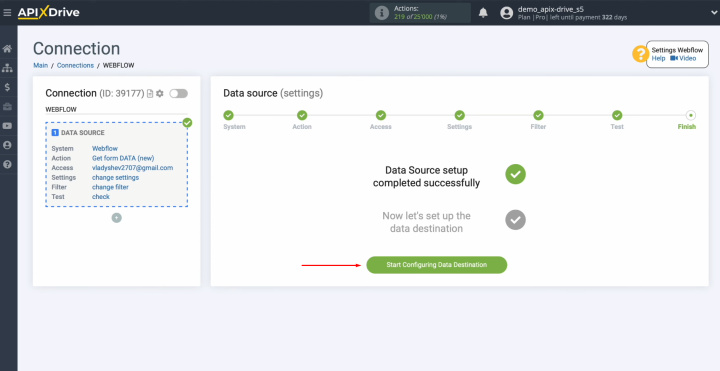 Webflow and Brevo integration | Click on the button "Start Configuring Data Destination"