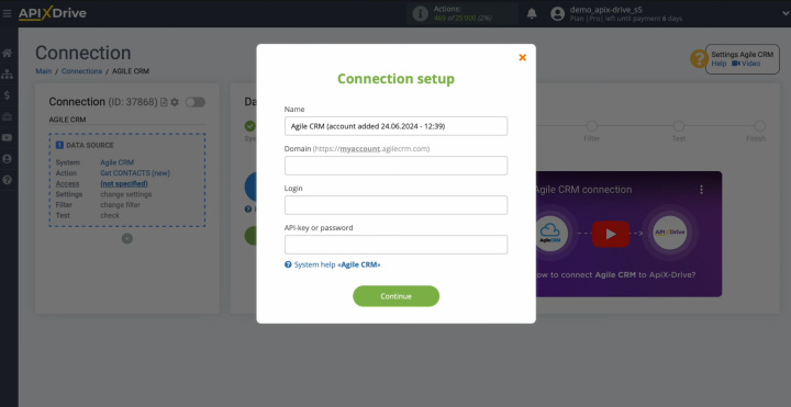 Agile CRM and Airtable integration | Window for specifying the domain, login, and API key