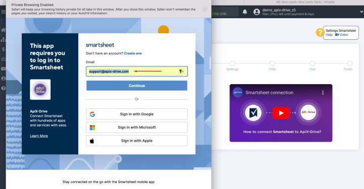 Smartsheet and Airtable integration | Specify the username for your Smartsheet account