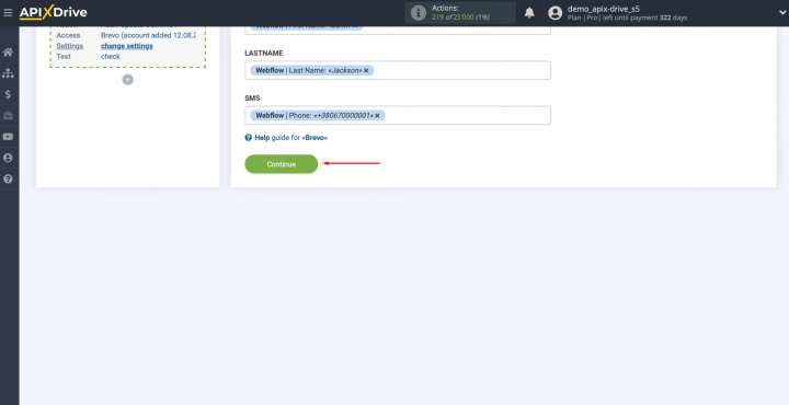 Webflow and Brevo integration | When all the required fields are filled in, click “Continue”