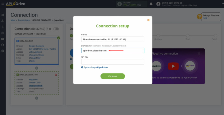 Pipedrive and Google Contacts integration | Paste the domain into the appropriate field