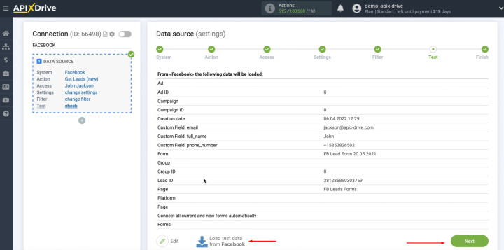 Facebook and ClickUp integration | Click  "Load test data from Facebook"