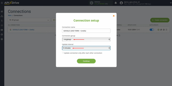 Google Lead Form and Trello integration | Select the interval for the operation of the connection