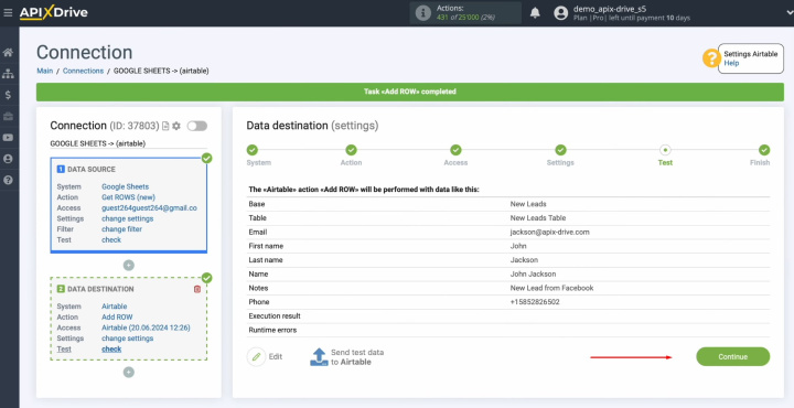 Google Sheets and Airtable integration | Return to ApiX-Drive and continue setting up