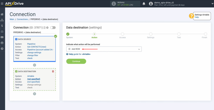 Pipedrive and Airtable integration | Choose the action "Add ROW"