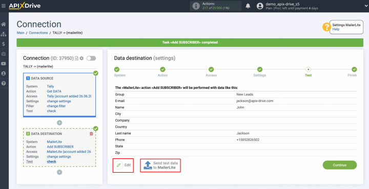 Tally and MailerLite integration | Click "Edit" or “Send test data to MailerLite”