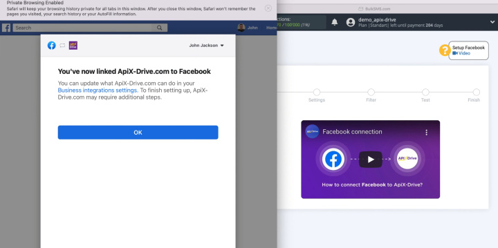 Facebook and BulkSMS integration | Click “OK” to proceed