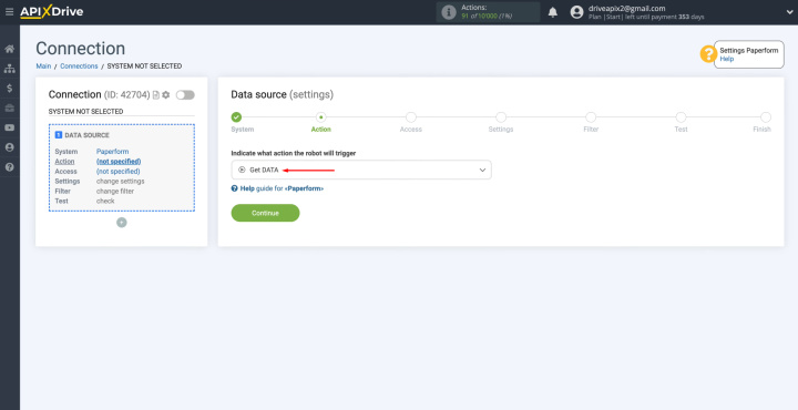 Paperform and Gmail integration | Select the action “Get DATA”