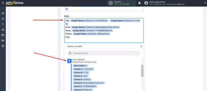 Google Sheets and Asana integration | Define the content of the fields