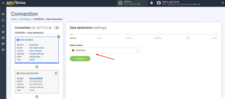 Facebook and Mailchimp integration | Select the receiving system