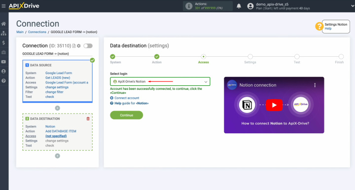 Google Ads Lead Form and Notion integration | Select the connected account