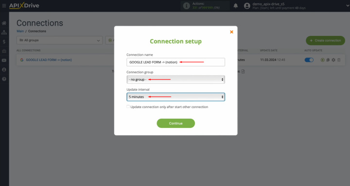 Google Ads Lead Form and Notion integration | Set the desired interval for the connection to operate