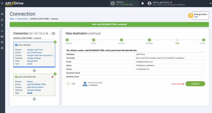 Google Ads Lead Form and Notion integration | Return to ApiX-Drive and finalize the configuration process