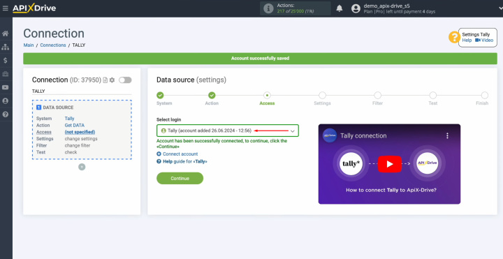 Tally and MailerLite integration | Select the connected account