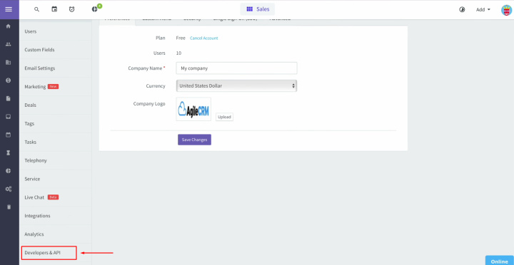 Agile CRM and Airtable integration | Find the "Developer API" section