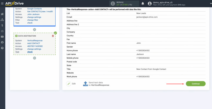 Google Contacts and VerticalResponse integration | Return to ApiX-Drive and continue setting up