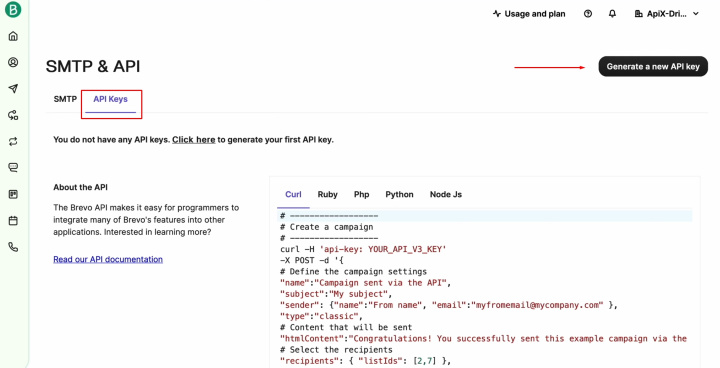 Google Contacts and Brevo integration | Click on “API Keys” and “Generate a new API key”