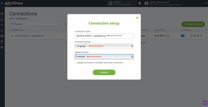 Google Sheets and PeopleForce integration | Select the interval for the operation of the connection