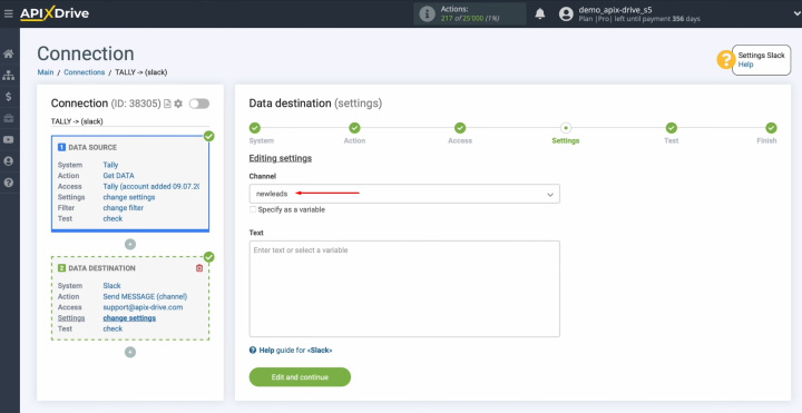 Tally and Slack integration | Select the channel to which new messages will be sent