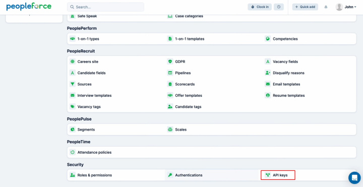 Google Sheets and PeopleForce integration | Find the “API key” section