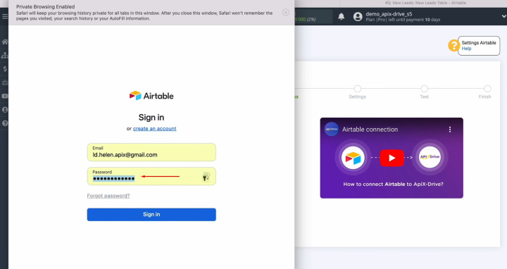 Google Sheets and Airtable integration | Specify the password of your Airtable personal account