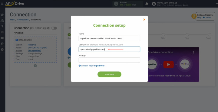 Pipedrive and Airtable integration | Paste the domain into the appropriate field in ApiX-Drive