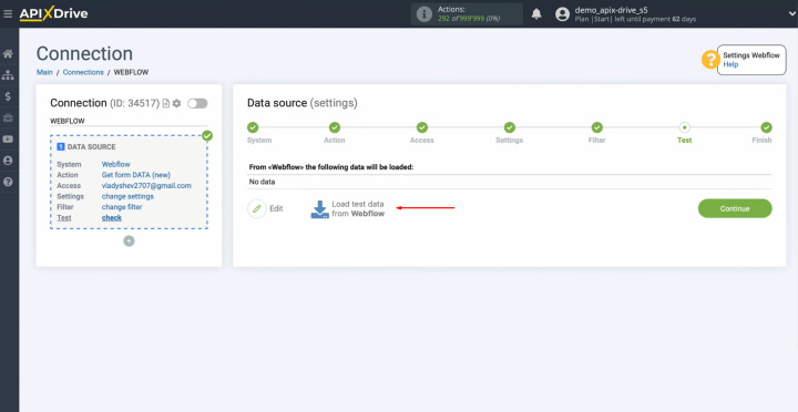 Webflow and Google Sheets integration | Click “Load test data from Webflow”