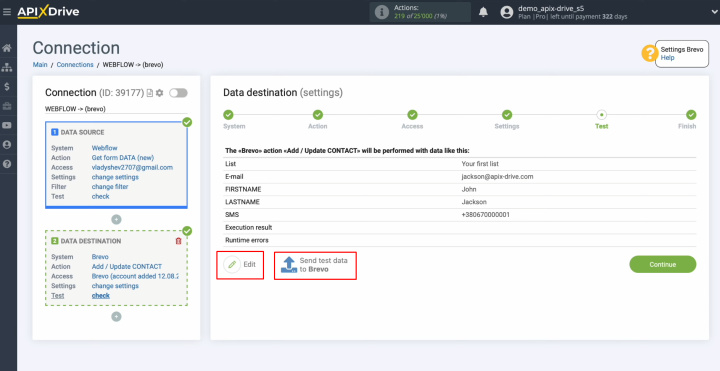 Webflow and Brevo integration | To check the correctness, click “Send test data to Brevo”