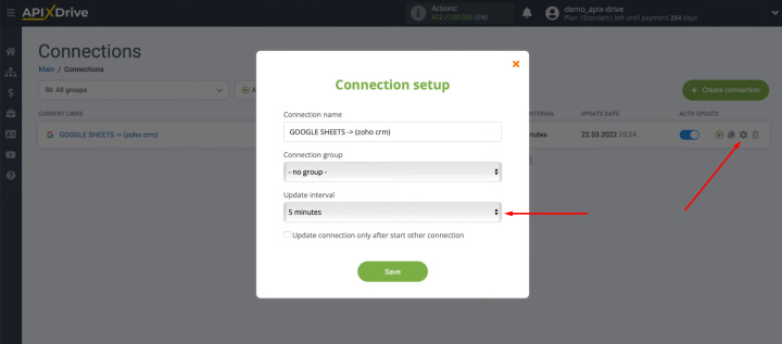 Google Sheets and Zoho CRM integration | Select the communication interval