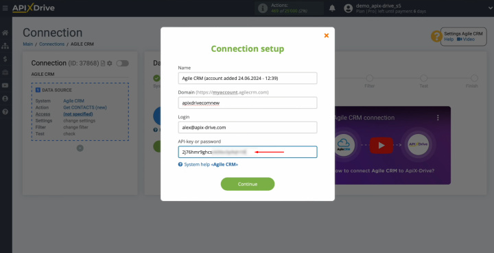 Agile CRM and Airtable integration | Paste the API key into the appropriate field in ApiX-Drive