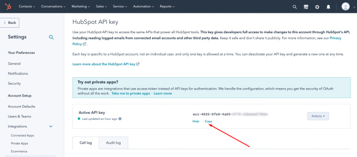 Facebook and Hubspot integration | Copy the API Key