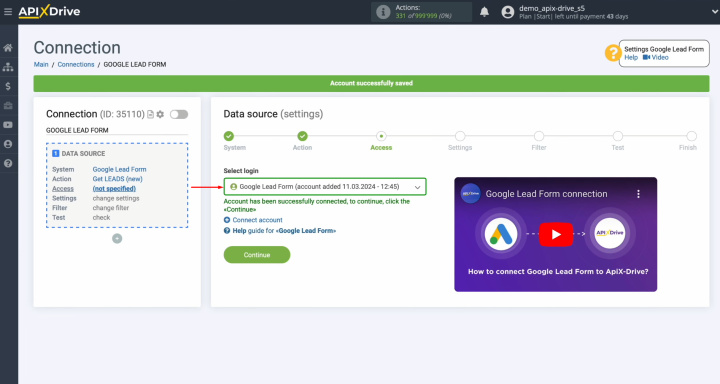 Google Ads Lead Form and Notion integration | Select the connected account