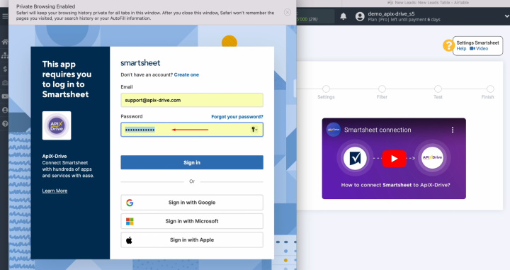 Airtable and Smartsheet integration | Specify the password for your Smartsheet account