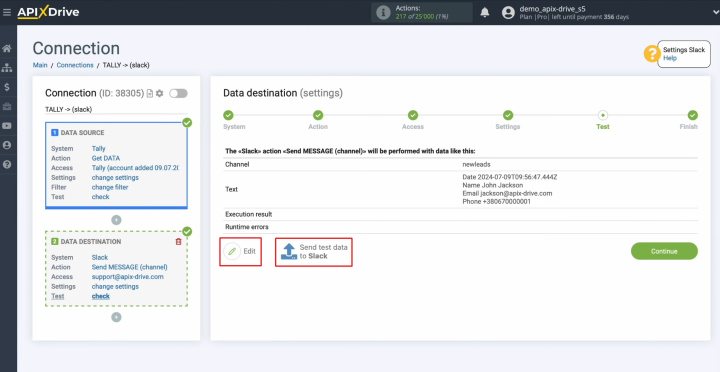 Tally and Slack integration | Click "Edit" or "Send Test Data to Slack"