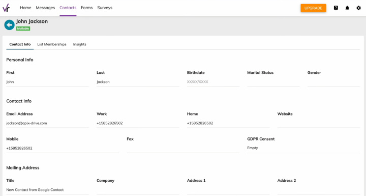 Google Contacts and VerticalResponse integration | Result of the data transfer