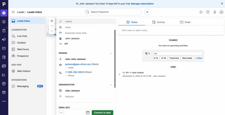 Pipedrive and Google Contacts integration | Go to Pipedrive and check the result