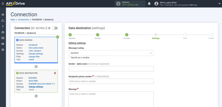 Facebook and BulkSMS integration | The fields required to send SMS messages via BulkSMS