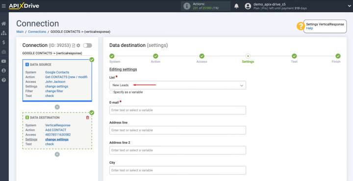 Google Contacts and VerticalResponse integration | Select the List