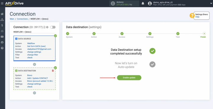 Webflow and Brevo integration | Click “Enable update”