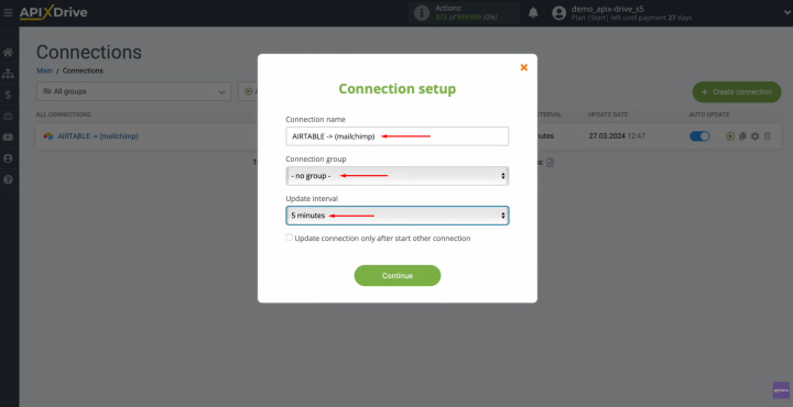 Airtable and MailChimp integration | Select the interval for the operation of the connection