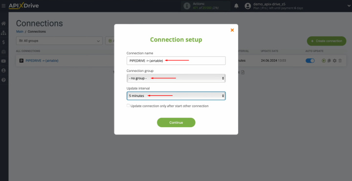 Pipedrive and Airtable integration | Select the interval for the operation of the connection