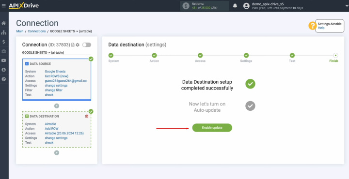 Google Sheets and Airtable integration | Click on the green button “Enable update”