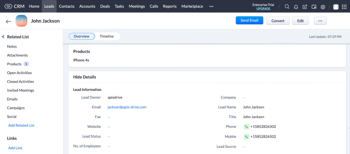 Google Sheets and Zoho CRM integration | A lead in Zoho CRM