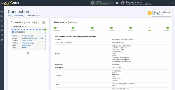 Google Contacts and VerticalResponse integration | An example of data for one of your contacts