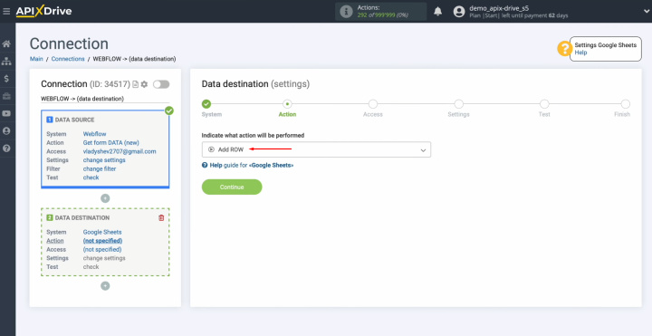 Webflow and Google Sheets integration | Choose “Add ROW”