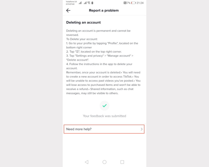 Deleting a TikTok account | Click "Need more help?"