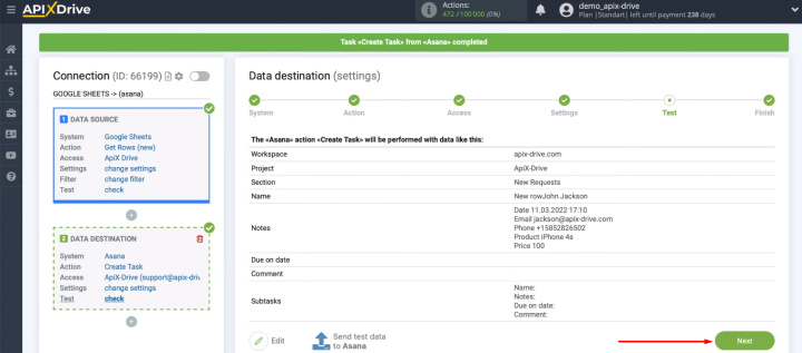 Google Sheets and Asana integration | Click "Next"