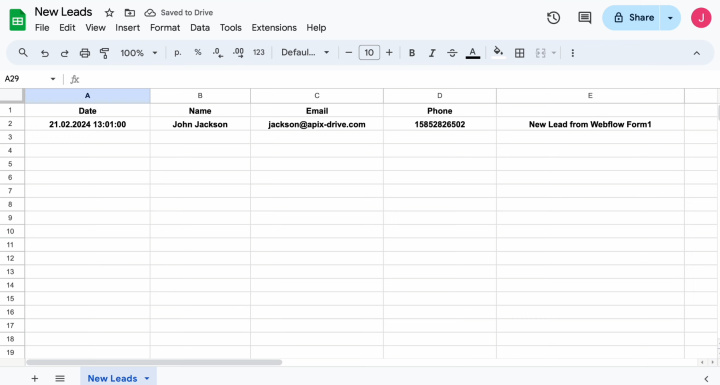 Webflow and Google Sheets integration | Result of the data transfer to Google Sheets